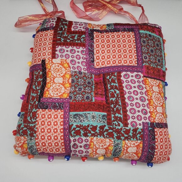 Boho Colorful Patchwork Chair Square Pillow With Ribbon Ties & Beaded Trim - Picture 3 of 6